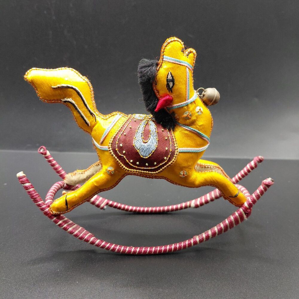 Vintage Chinese Satin Silk Rocking Horse Ornament 5.5" Inch Long 4" Tall